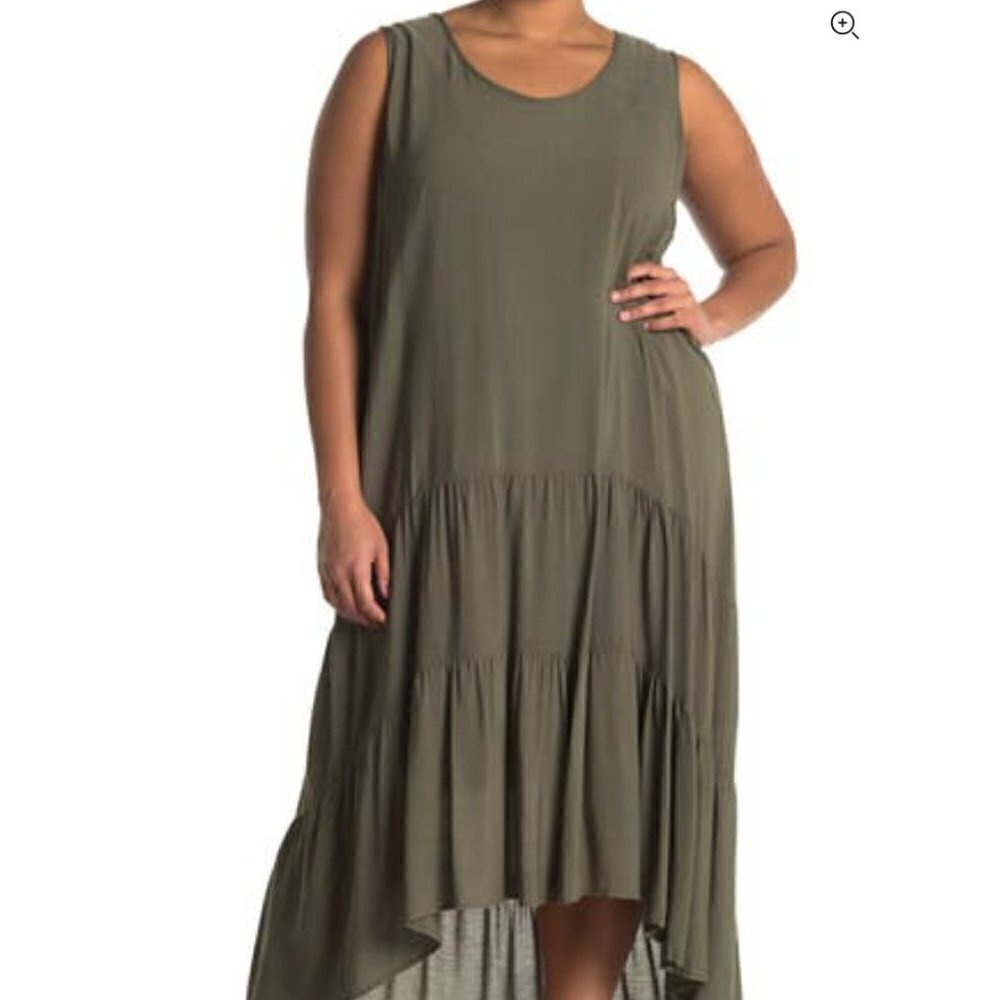 West Kei Women's Plus Size 1X Gauzy Hi-Lo Hem Dress Olive Green Sleeveless